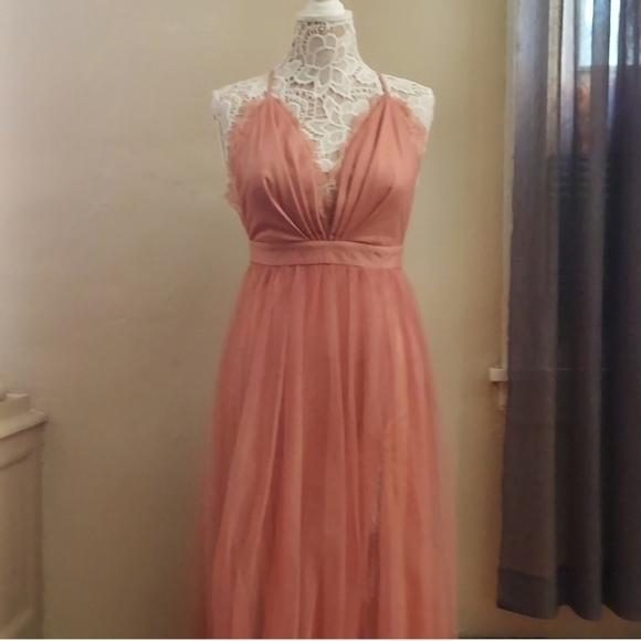 FASHION NOVA Work The Runway Blush Tulle Maxi Backless Dress - Picture 4 of 16